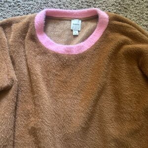 Anthropologie Maeve Cozy Ringer Sweater size Medium brown pink fuzzy 48” bust